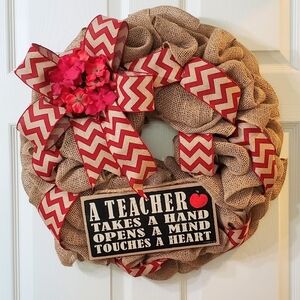 Burlap Teacher Appreciation Wreath with Red Accents